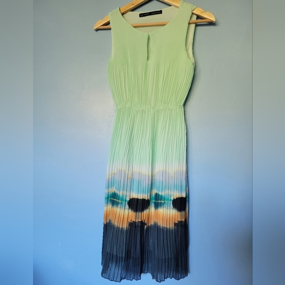 Zara Womens Pleated Dress in Green and Blue XS